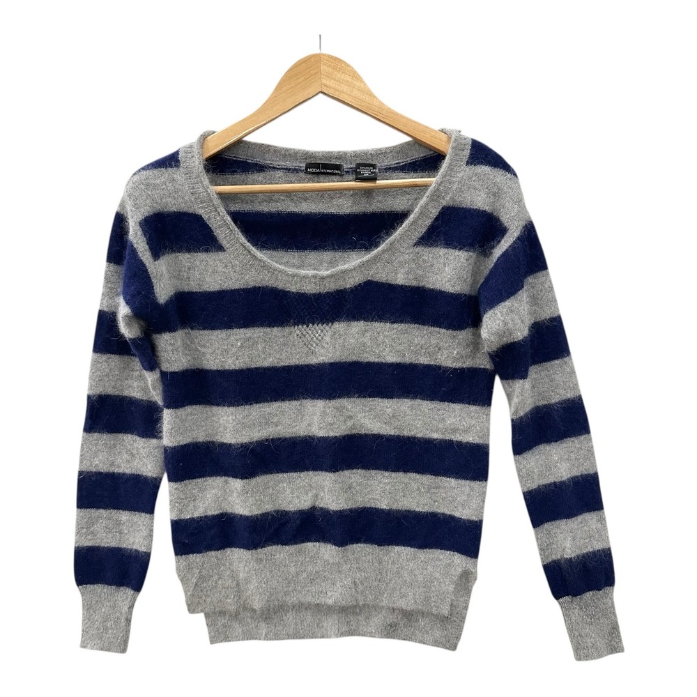 Moda International Rabbit Hair Wool Blend Sweater XS Gray Navy Striped Fuzzy